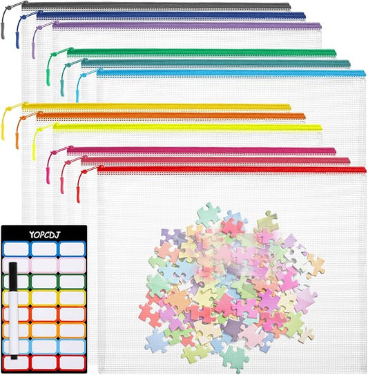12pcs Mesh Zipper Pouch Bags, Extra Large A3 Puzzle Bag for Organizing, 12 Colors, 12 Packs, Classroom Must Have Storage Bag, File Bags for School, Board Games and Office Supplies