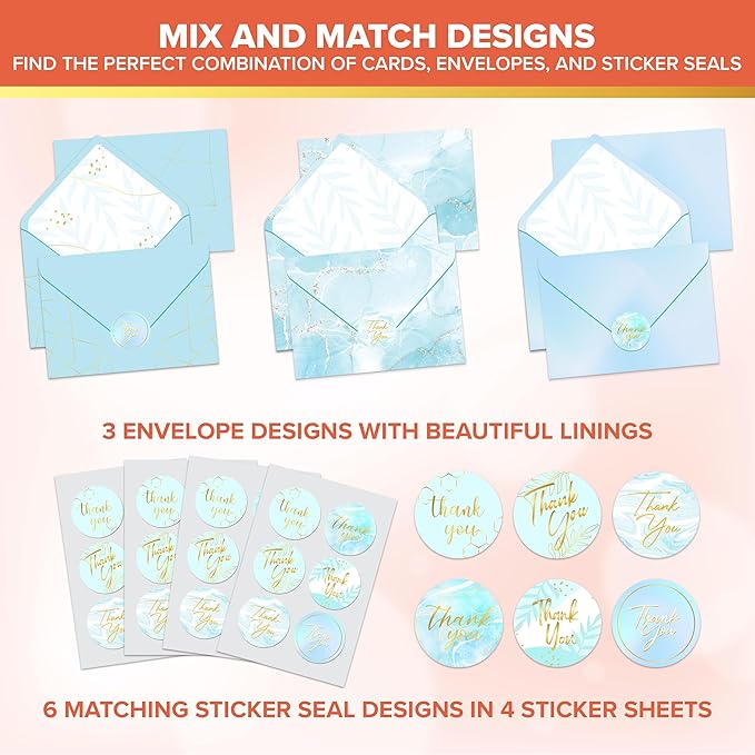 Decorably 24 Pack Gold-Foiled 6x4in Light Blue Thank You Cards with Envelopes and Stickers, 24 Elegant Designs Thank You Blue Cards, Blank Inside - Wedding, Baby Shower