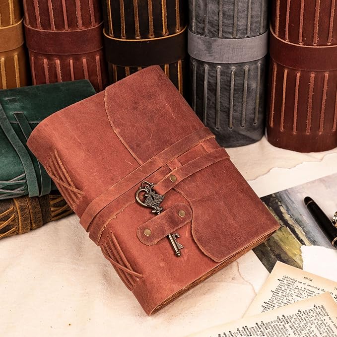 LEATHER VILLAGE Vintage Leather Journal – 200 Handmade Vintage Deckle Edge Paper – Leather bound Journal For Women Men – Vintage Key Closure - Book of Shadows - Red Brown - 6X4 inches (A6)
