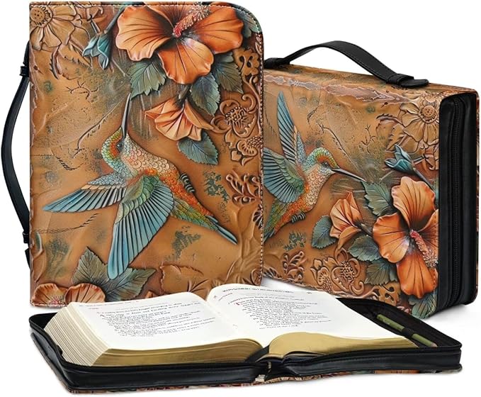 Lotusorchid Large Faux Leather Bible Cover, Hummingbird Bible Cover Case for Women with Handle Pocket, Hibiscus Bible Book Carrying Bags Bible Tote Bag, Bible Study Accessories, Orange, 2XL