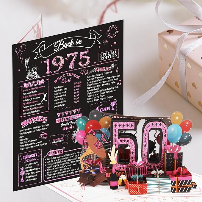 50th Birthday Card for Women Her, Jumbo 3D Pop Up 50th Birthday Gifts, Back In 1975 Happy 50 Year Old Sister Birthday Decorations Cards Card for Wife, Rose Gold