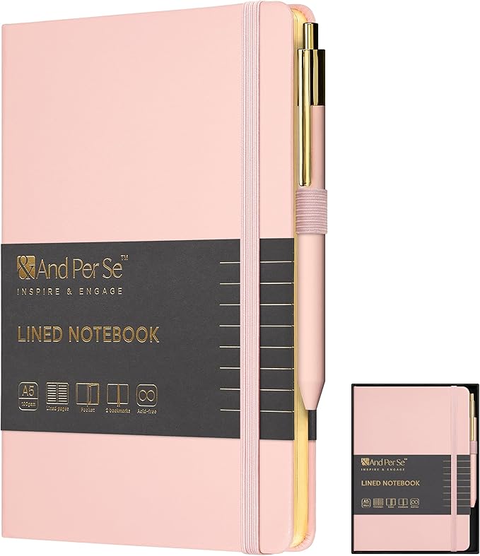 A5 Lined Leather Journal and Pen Set, Hardcover Notebook with Pen, 160 Pages 100gsm Thick Ruled Paper for Men Women, for Work, Business, School or Home Writing, 5.7'' x 8'', Gift Box Included (Pink)