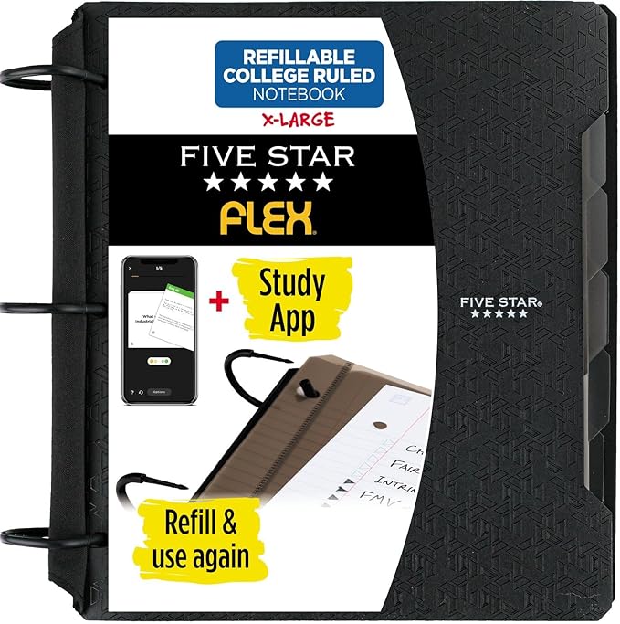 Five Star Flex Refillable Notebook + Study App, College Ruled Paper, 1-1/2 Inch TechLock Rings, Pockets, Tabs and Dividers, 300 Sheet Capacity, Black (29324AA2)