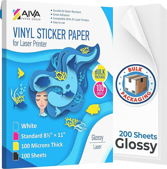 Printable Vinyl Sticker Paper for Laser Printer - Glossy White - 200 Self-Adhesive Sheets - Waterproof Decal Paper - Standard Letter Size 8.5"x11"