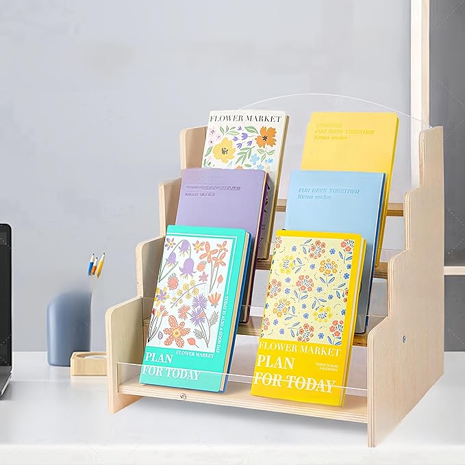 Greeting Card Display Stand , Acrylic Sticker Display Holder for Vendors, Counter Retail Display Rack , 4-Tiered Wooden/Acrylic Display stand for postcard /Brochure/Photos/Picture