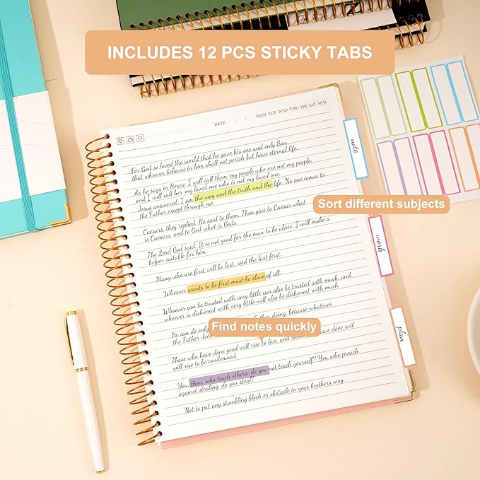 Pink Spiral Notebook College Ruled 8.5 X 11 with Tab Stickers Large Hardcover Notebooks for School Supplies A4 Note Book Journal Notebooks for Work Note Taking Office Women Men Writing, 200 Pages