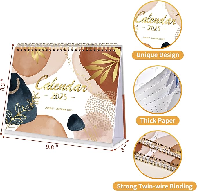 2025 Desk Calendar - Standing Flip 2025 Desktop Calendar from Jan 2025 - Dec 2025, 10" x 8.3", Memo Pages, Stand up Desk Calendar with Strong Twin-Wire Binding, Blank Blocks, Premium Paper