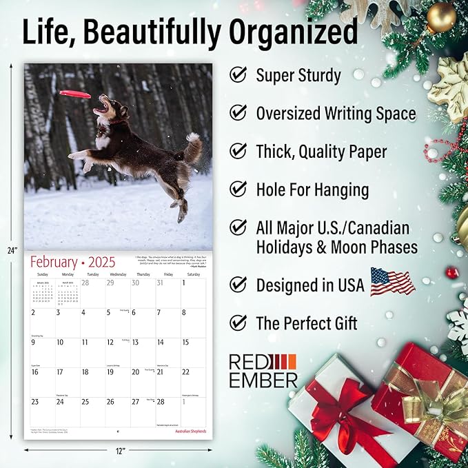 RED EMBER Australian Shepherds 2025 Wall Calendar 12 Month | 12" x 24" Open | Thick & Sturdy Paper | Giftable | Calendar 2025