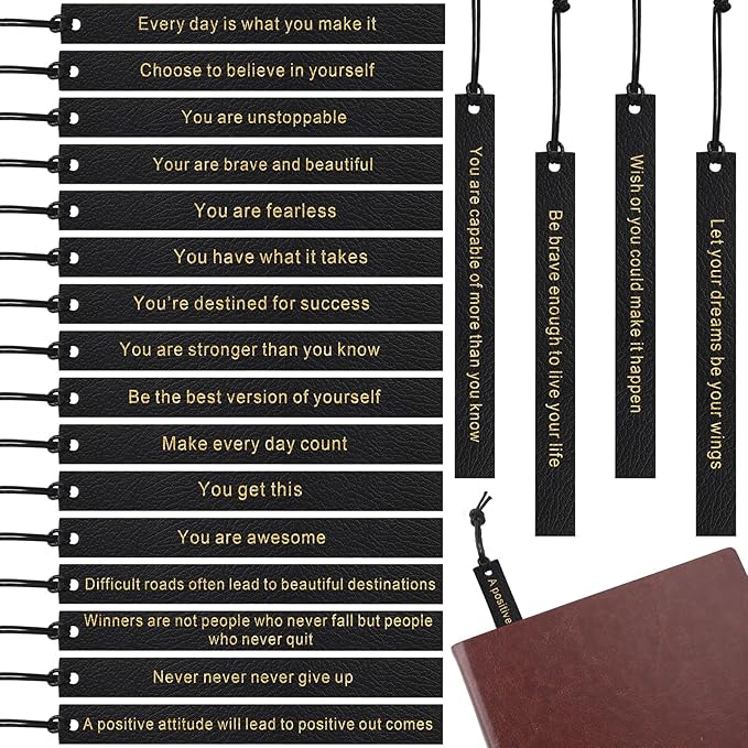 Roowest 20 Pcs Inspirational Book Markers Christmas Gifts PU Leather Bookmark Inspirational Leather Bookmark Motivational Quotes Gifts for Reading 20 Styles