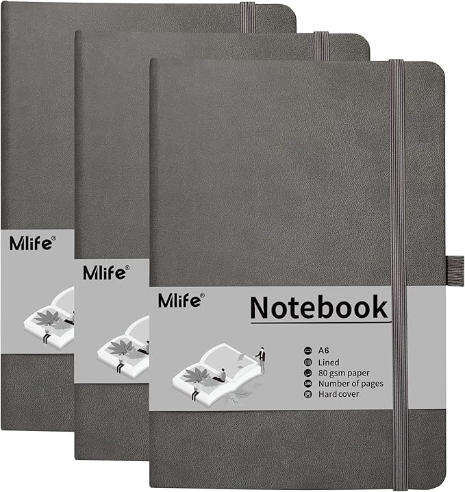 Mlife A6 Small Journal Notebook, Lined Pocket Notebook with Pen Holder, Mini Notebook Hardcover, 192 Pages, 3.9 inches * 5.5 inches Jurnal for Women and Man (3Pack Grey)