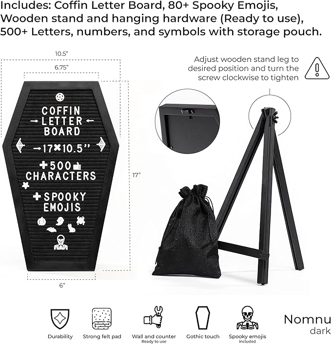 Coffin Letter Board Black With Spooky & Seasonal Emojis +550 Characters, Wooden Stand - 17x10.5 Inches - Coffin Shaped Goth Decor Sign Witchy Halloween Decorations Gothic Decor Birthday Wedding Home Spooky Gifts