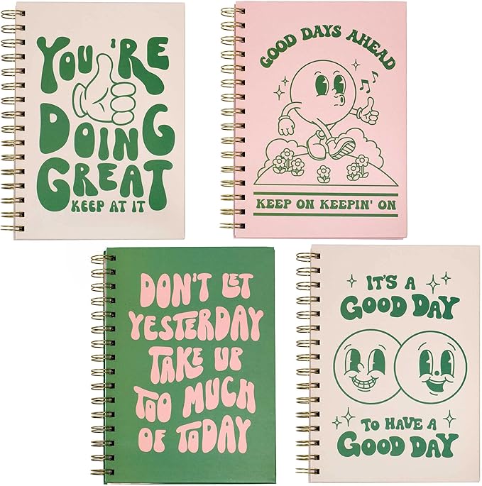 Pink Green Aesthetic Hardcover Notebooks for Work, A5 size 5.8 x 8.3 inch, Cute Notebooks for School 4 Pack, Retro Notebooks College Ruled, Cute Spiral Journal for Women, Kids Back to School Notebook