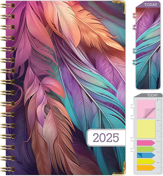 HARDCOVER 2025 Planner, 5.5"x8": 14 Months (November 2024 - December 2025), Daily Weekly Monthly Planner, Yearly Agenda, Bookmark, Pocket Folder and Sticky Note Set (Pastel Peacock)