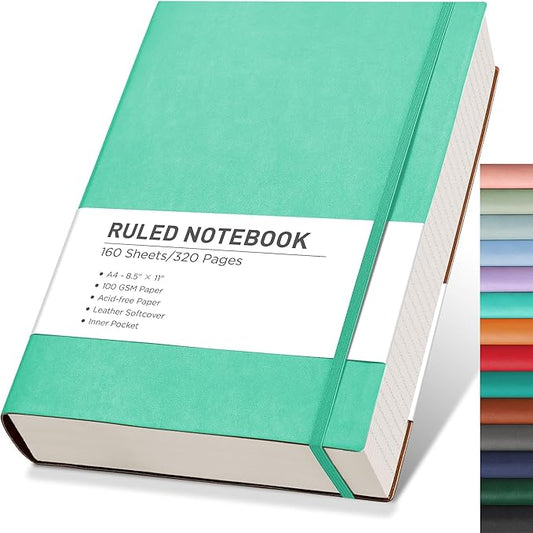RETTACY Journaling Notebooks, A4 Lined Notebook Journal with 320 Pages, 8.5" × 11", Large Size, Notebook Journal for Work, School, Writing, Leather Softcover, 100 GSM Thick Paper (Mint)