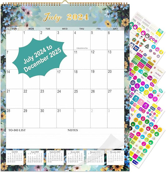 Gannyfer 2025 Wall Calendar, Large Wall Calendar Jul 2024-Dec 2025, 18 Months 17"x22" Yearly Calendar with Plastic Cover, Thick Paper, Monthly Planner Hanging Calendars for Home School, or Office - State Floral (6 Funny Stickers)