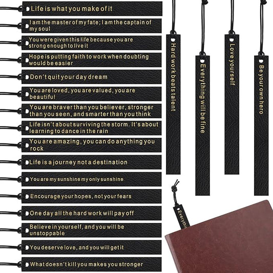 Roowest 20 Pcs Motivational Leather Bookmarks Inspirational Leather Page Markers Book Marks for Book Lovers Black Bookmark for Reading Readers Bookworm Book Lovers Writers Women Men Gift Party Favor