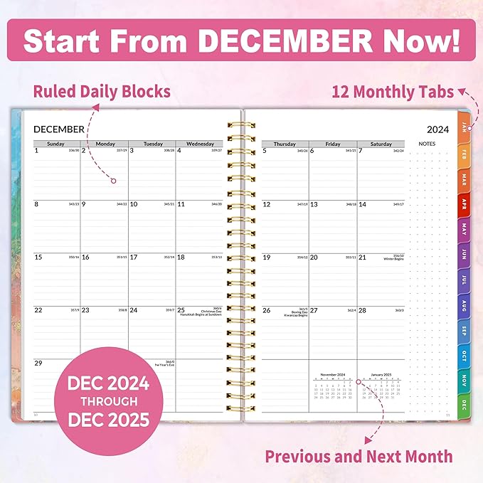 SUNEE 2025 Weekly and Monthly Planner - from January 2025 - December 2025, 6.4" x 8.3" Daily Agenda Planner with Monthly Tab, Flexible Cover, Note Pages, Pockets, Bookmark, Spiral Binding, Marble