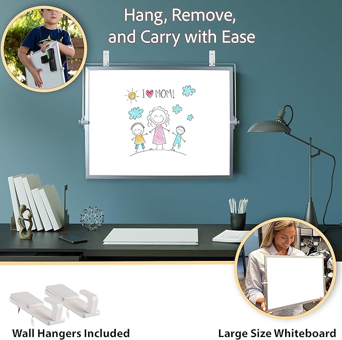 Dry Erase White Board for Kids, 16inX12in Large Magnetic Desktop Whiteboard with Stand Wall Hanger, 10 Markers, 4 Magnets, 1 Eraser, Portable Double-Sided Easel for Kids to Do List Desk Board