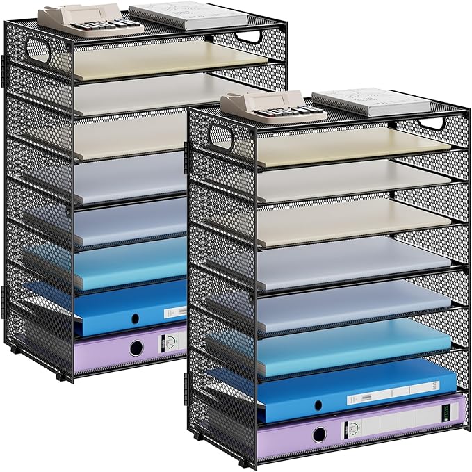 Marbrasse Paper Organizer Letter Tray, 9 Tier Mesh File Organizer with Handle, Paper Sorter Desk Organizer for Home Office Supplies - 2P