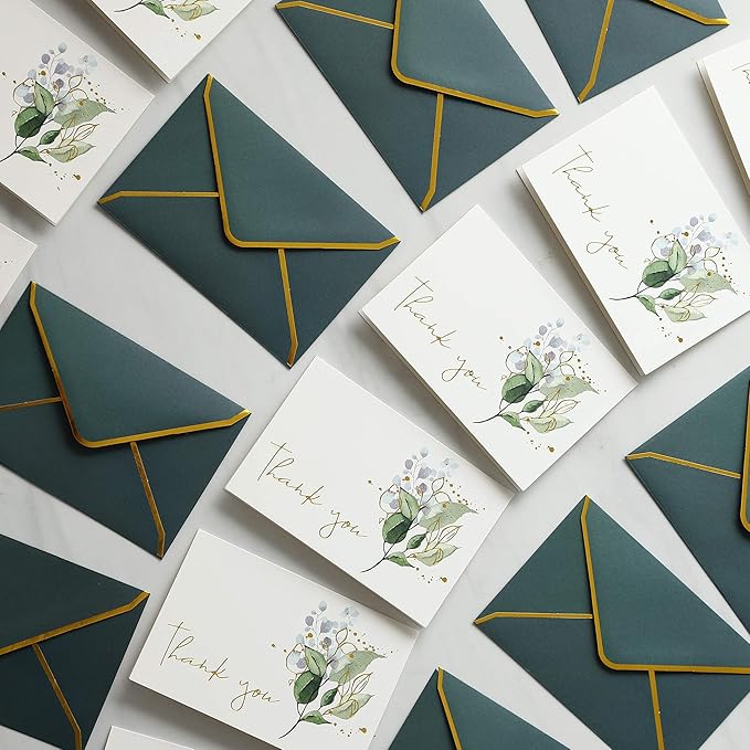 Heavy Duty Thank You Cards with Envelopes - 36 PK Gold Notes 4x6 Inches Baby Shower Wedding Small Business Graduation Funeral Bridal (Greenery)