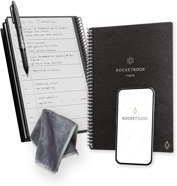 Rocketbook Fusion Reusable Undated Productivity Planner, Executive Size 6x8.8, Black - Goals, Monthly and Weekly Calendar, Daily To-do List, Lined and Dotted Notes Pages (Pack of 50)