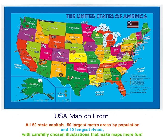 2-Sided Desk Map with Durable Lamination (1 Desk Map: Children's US Map/Europe Centered World Map)