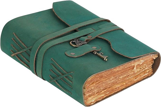 LEATHER VILLAGE Vintage Leather Journal – 200 Handmade Vintage Deckle Edge Paper – Leather bound Journal For Women Men – Vintage Key Closure - Book of Shadows - Turquoise - 8X6 inches (A5)