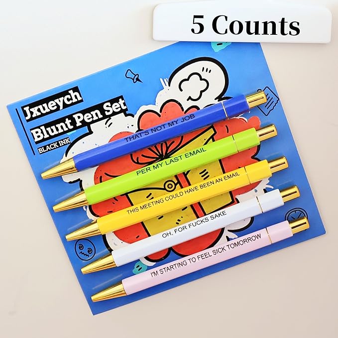 Jxueych Funny Pens 5-Count, Black Ink,Medium Nib 1.0mm, Funny Office Gifts for Coworkers, Personalized Pens Vibrant Funny Quotes Swear Word Daily Pen Set (Blunt Pens)