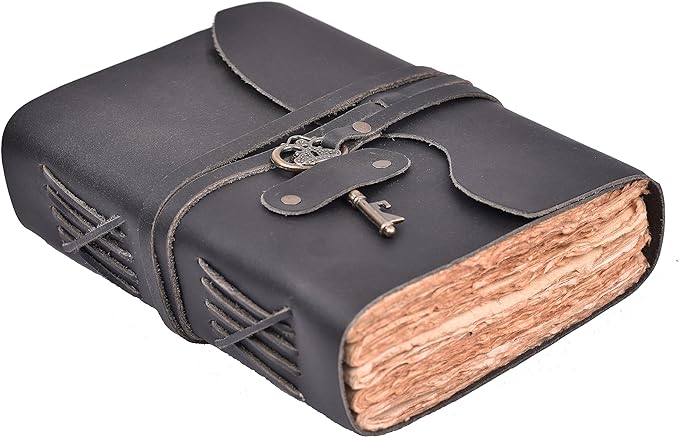 LEATHER VILLAGE Vintage Leather Journal – 200 Handmade Vintage Deckle Edge Paper – Leather bound Journal For Women Men – Vintage Key Closure - Book of Shadows - Black - 10X7 inches