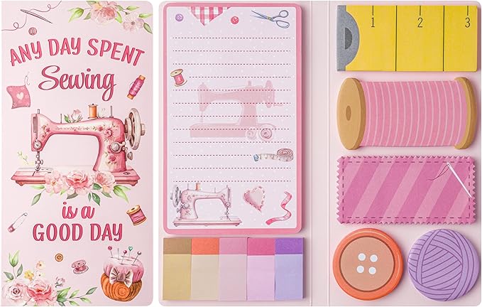 Retro Sewing Sticky Notes Set - Any Day Spent Sewing is A Good Day Self-Stick Note Pads Teacher Appreciation Notepads Writing Memo Pad Page Marker Back to School Office Supplies (Pink)