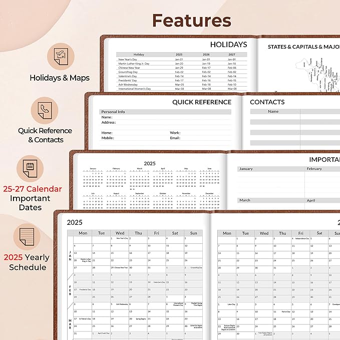 SUNEE 2025 Weekly & Monthly Hardcover Planner 8" x 11" - 12 Month (January 2025 - December 2025), Small Hardcover Planner, Pocket, Notes, 100 GSM Paper, Brown