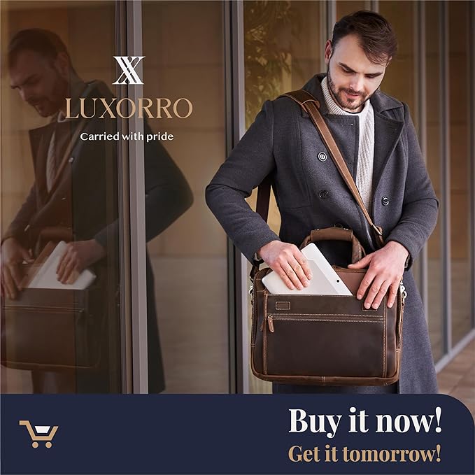 Luxorro Full Grain Leather Briefcase for Men, Top Choice Gifts, Handcrafted Laptop Bag with Multiple Compartments and Brass Hardware, Fits 15.6 Inch Laptop