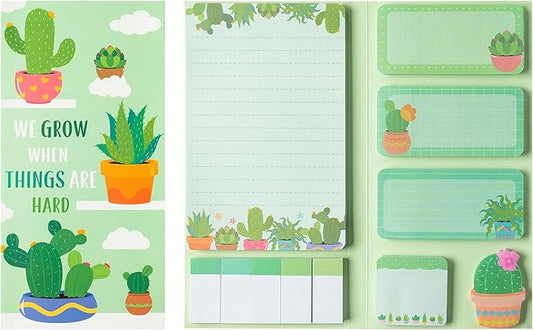 We Grow When Things are Hard Sticky Notes Set, 550 Sheets, Cute Cactus Shaped Self-Stick Notes Pads Plant Divider Tabs Bundle Writing Memo Pads Back to School Office Supplies Small Gift