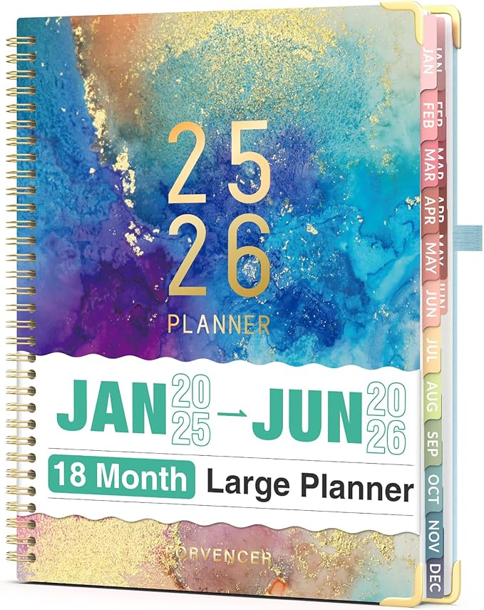 Forvencer Daily Planner 2025-2026, 18 Month Academic Planner, 8.5" x 11", Weekly and Monthly Planner, Jan 2025 - Jun 2026, Hardcover Day Planner, Spiral Agenda Book with Colorful Tabs, Office Home School Supplies, A4, Marble