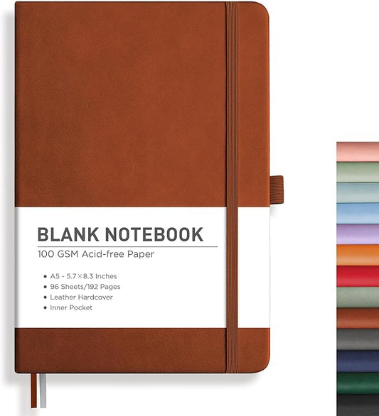 RETTACY Blank Journal Notebook, A5 Blank Journal with 192 Pages, 5.7'' × 8.3'' Medium Size, 68 LB/100 GSM Thick Paper, Leather Hardcover, for Sketching, Drawing, Painting (Brown)