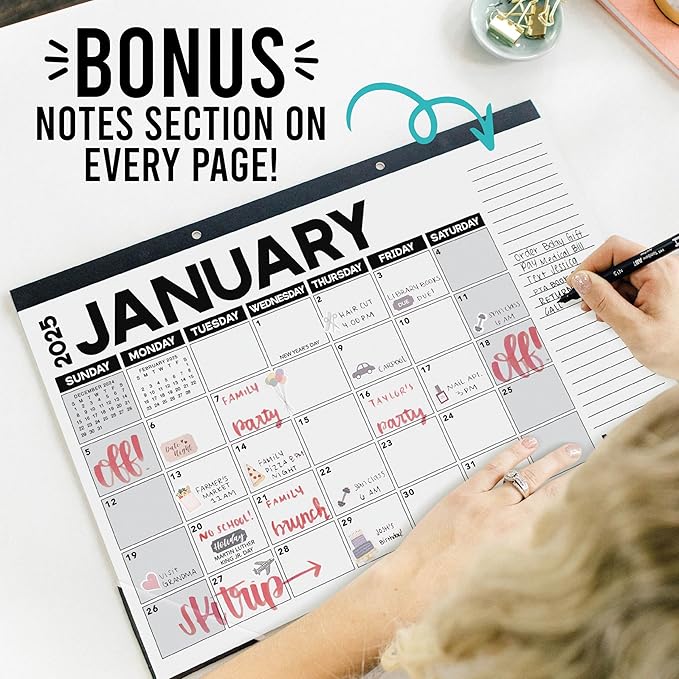 Hadley Designs Large Desk Calendar 2025-2026 - 18-Month Desktop Calendar 2025 for Organized Planning, 17" x 11" 2025 Desk Calendar for Home, School and Office (Black & White)