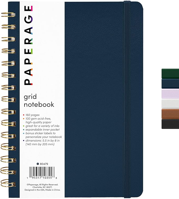 PAPERAGE Graph Paper Spiral Notebook & Journal, (Navy), 160 Pages, Medium 5.5 inches x 8 inches - 100 GSM Thick Graphing Paper, Hardcover, Double-Wire Grid Spiral Notebook