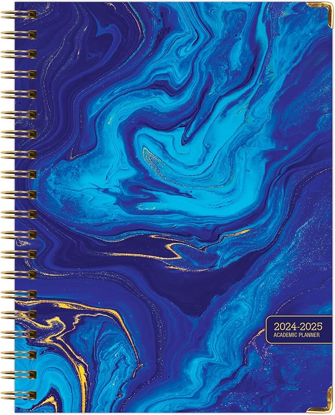 HARDCOVER Academic Year 2024-2025 Planner: (June 2024 Through July 2025) 8.5"x11" Daily Weekly Monthly Planner Yearly Agenda. Bookmark, Pocket Folder and Sticky Note Set (Dark Blue Marble)