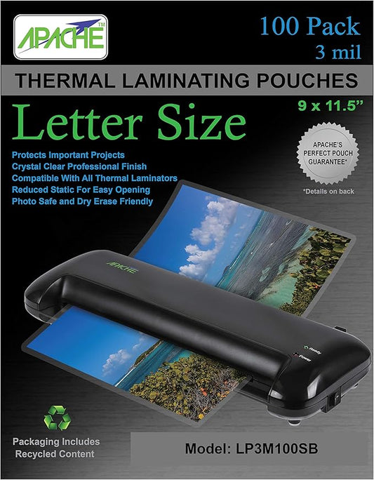 Apache Laminating Pouches 3 mil, for 8.5 x 11 inch Letter Size Paper 9 x 11.5 inch Sheets, 100 Pack