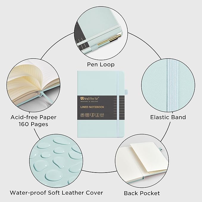 A5 Lined Leather Journal and Pen Set, Hardcover Notebook with Pen, 160 Pages 100gsm Thick Ruled Paper for Men Women, for Work, Business, School or Home Writing, 5.7'' x 8'' (Cyan-Set1)