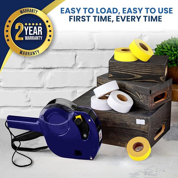 Perco Lite 1 Line Price Gun with Labels Kit - Includes 3 White Rolls, 3 Yellow Rolls, 2 Ink Rollers, 1 Ink roll and Labels Pre-Loaded