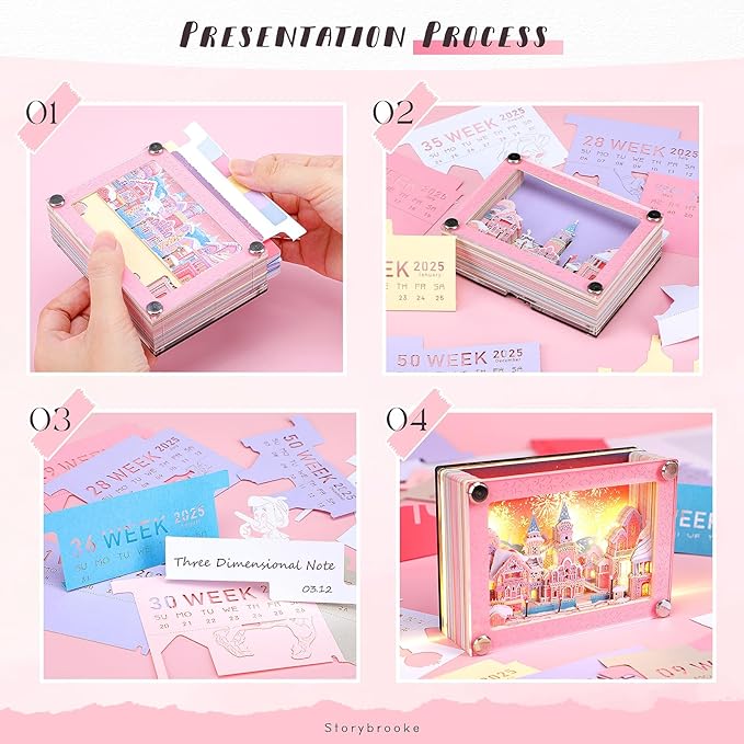 Allnice 3D Desk Calendar 2025 Memo Pad with LED Light, Time Piece Calendar 2025 3D Castle Weekly Calendar Notepad DIY Paper Carving Art Craft Gift for Christmas New Year Desktop Decoration