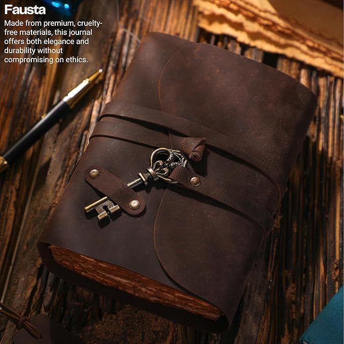 Fausta Vintage Handcrafted Leather Journal with Key for Writing, 240 Pages 7 x 5 inches, Deckled Cotton Paper Notebook/Diary for Men and Women 150 GSM Drawing/Sketchbook, Rustic Brown