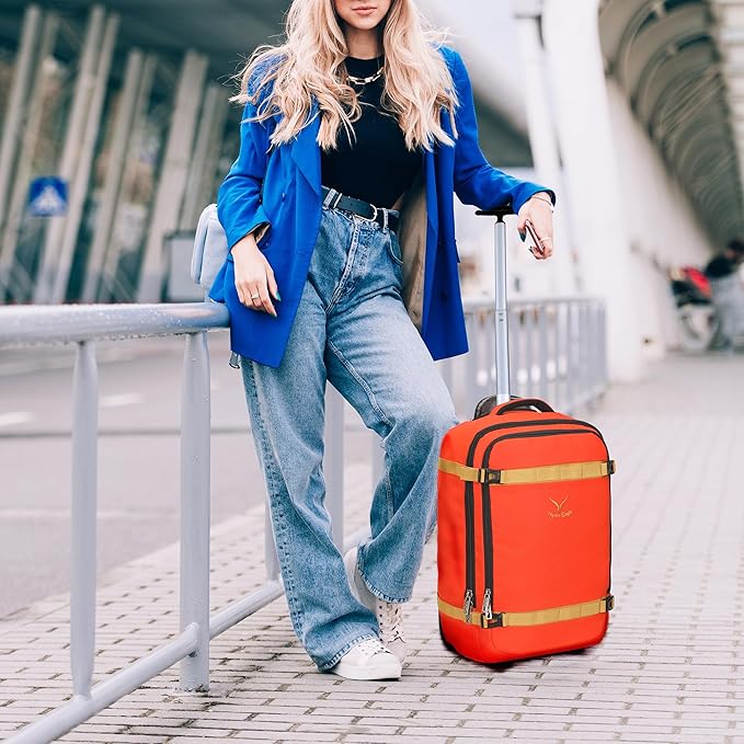 Hynes Eagle Rolling Backpack 42L Backpack with Wheels Airline Approved Carry on Luggage Laptop Travel Backpack for Women Men Orange Red