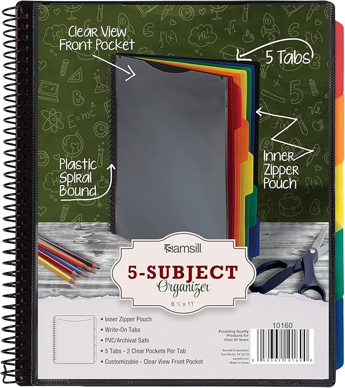 Samsill 10 Pocket Poly Organizer with 5 Dividers,File Folders Letter Size,Customizable Front Cover,Inner Zipper Pouch,Erasable Write-On Tabs in Assorted Colors,Plastic Folder with Pockets