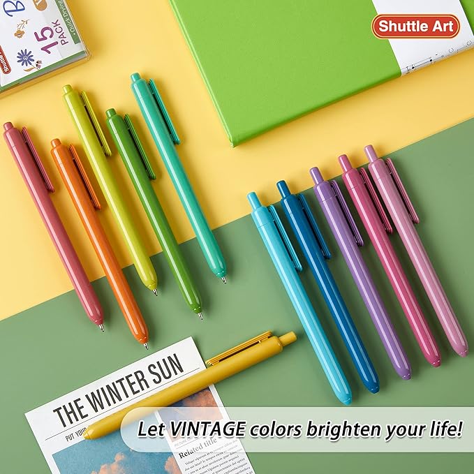 Shuttle Art Ballpoint Pens, 15 Pack Vintage Retractable Black Ink Ball Point Pens, Cute Pens 1.0mm Medium Point Quick Drying for Writing Journaling Taking Notes School Office Home