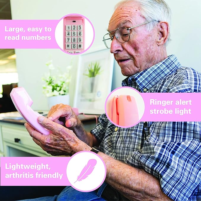 iSoHo Phones -Hearing Device-Friendly Phone – Gentle on Aching Hands, Easy-to-Press Buttons, Wall-Mountable, Custom Ringtone/Volume, Adjustable Ringer & Call Waiting with Lighted Keypad, Ladies Pink