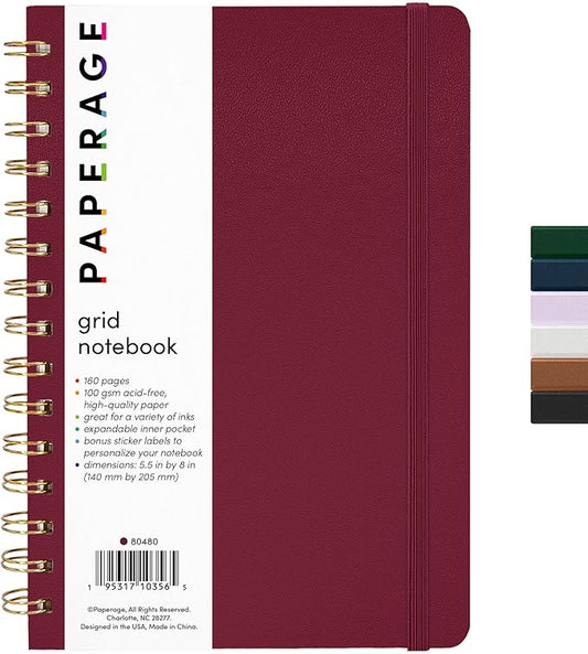 PAPERAGE Graph Paper Spiral Notebook & Journal, (Burgundy), 160 Pages, Medium 5.5 inches x 8 inches - 100 GSM Thick Graphing Paper, Hardcover, Double-Wire Grid Spiral Notebook