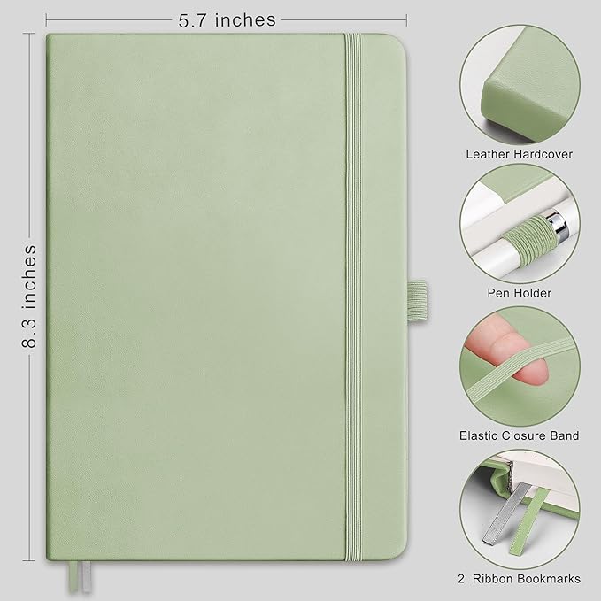 RETTACY Bullet Dotted Journal, A5 Dotted Notebook Journal with 192 Pages, 5.7'' × 8.3'', Medium Size, 100 GSM Thick Paper, Leather Hardcover, Bullet Journaling, Planning (Light Green)