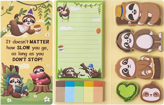 B1ykin Sticky Notes Set - Cartoon Theme Cute Self-Stick Notes Pad Teacher Appreciation Gifts， Self-Adhesive Writing Memo Pages Sticky to Do Notepad for Kids Employee School Office (Sloth)